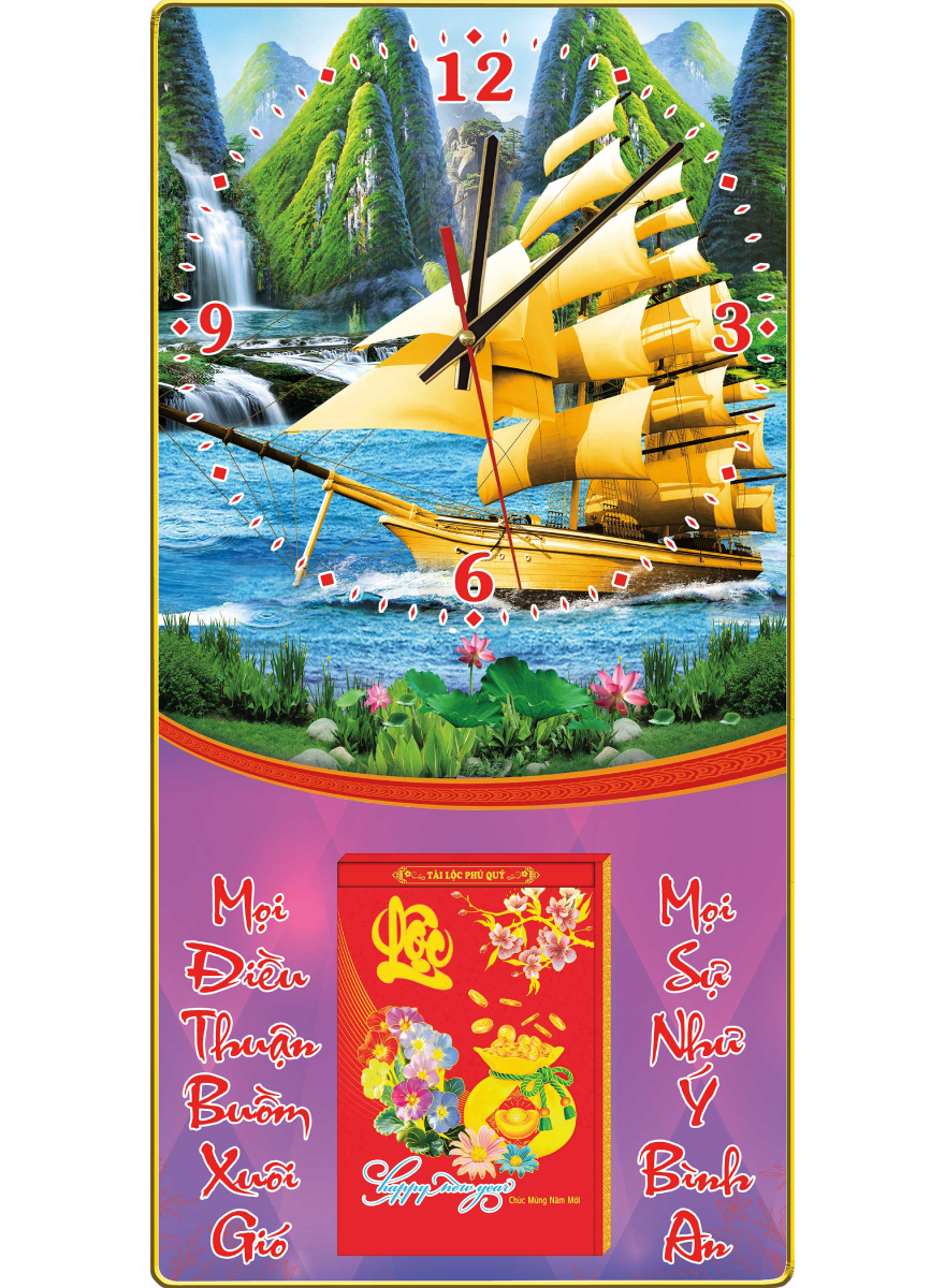 Lịch Gỗ Đồng Hồ Laminate Tráng Gương Bọc Viền Cao Cấp 2025 (40 x 80 cm) - Thuận Buồm Xuôi Gió - NSDH05