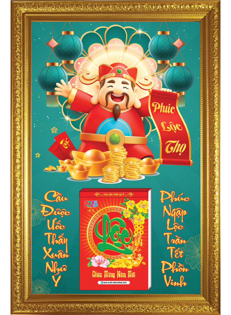 Lịch Gỗ Cao Cấp 2025 Khung Đơn Vàng (48 X 73 Cm) - Thần Tài