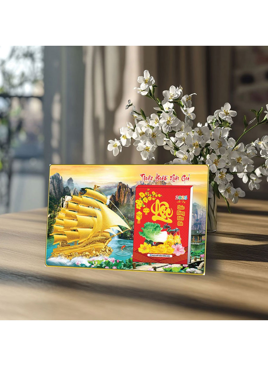Lịch Để Bàn Ngang 2025 (20 X 30 Cm) Viền Vàng Tráng Gương - Thuận Buồm Xuôi Gió - Gắn Bloc 10.5 X 14.5 Cm