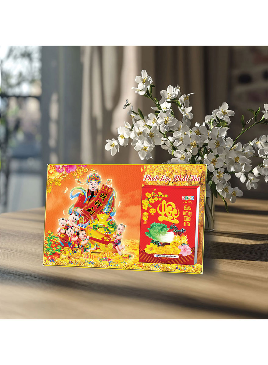 Lịch Để Bàn Ngang 2025 (20 X 30 Cm) Viền Vàng Tráng Gương - Phát Lộc Phát Tài - Gắn Bloc 10.5 X 14.5 Cm 