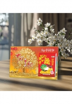 Lịch Để Bàn Ngang 2025 (20 x 30 cm) Viền Vàng Tráng Gương - Cung Hỉ Phát Tài - Gắn Bloc 10.5 x 14.5 cm