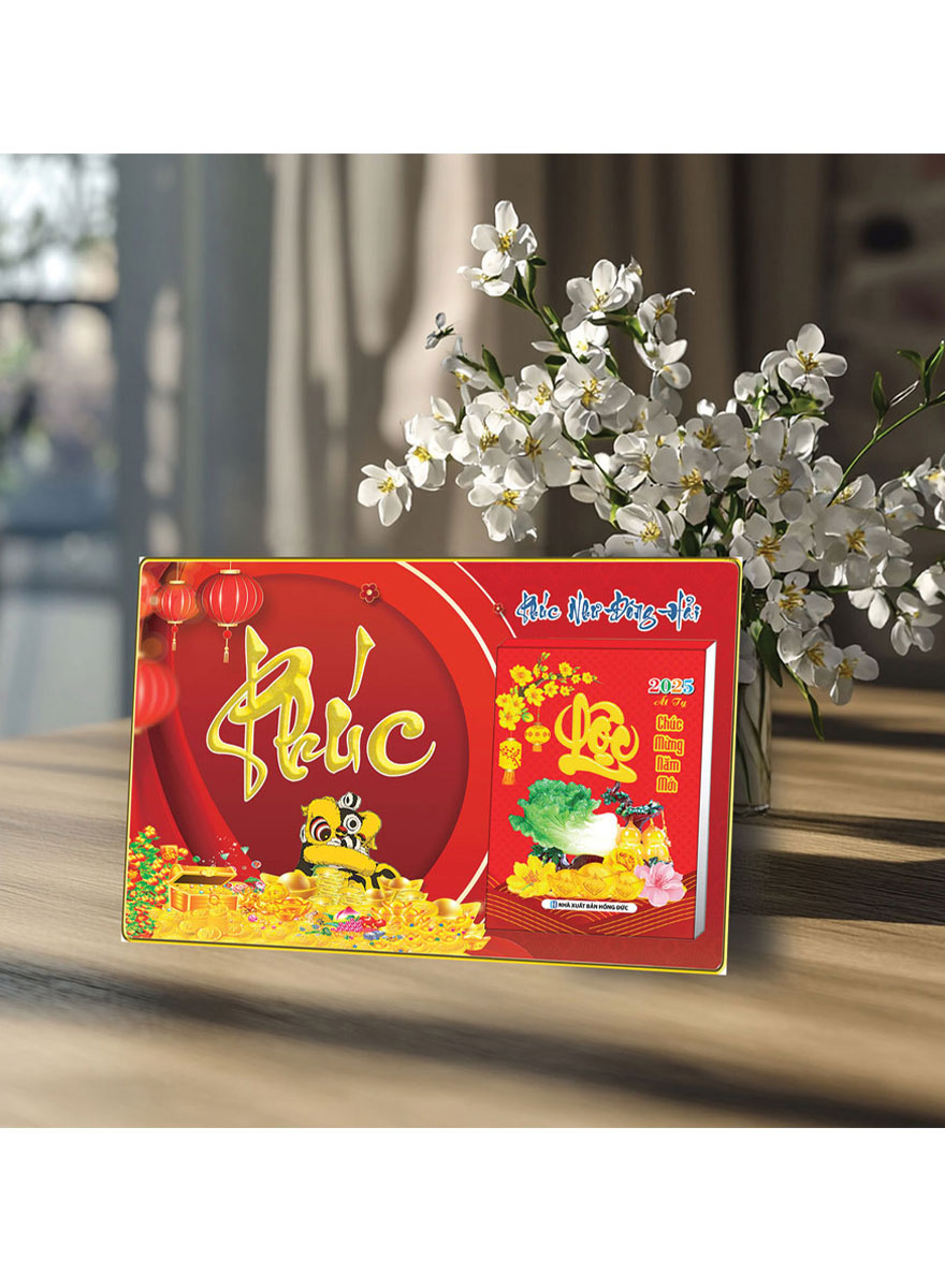 Lịch Để Bàn Ngang 2025 (20 X 30 Cm) Viền Vàng Tráng Gương - Phúc Như Đông Hải - Gắn Bloc 10.5 X 14.5 Cm