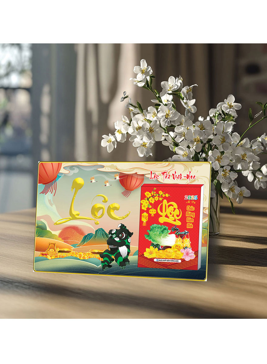 Lịch Để Bàn Ngang 2025 (20 X 30 Cm) Viền Vàng Tráng Gương - Lộc Tấn Vinh Hoa - Gắn Bloc 10.5 X 14.5 Cm