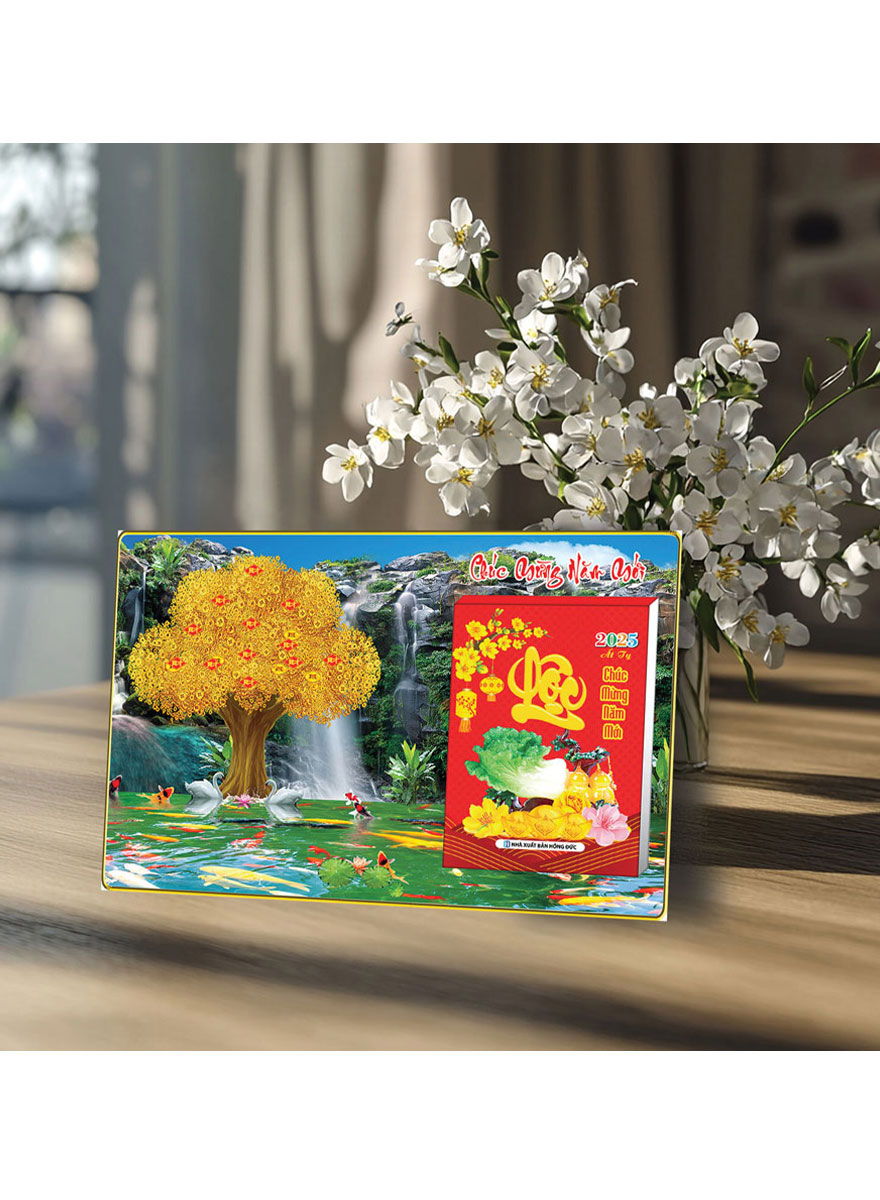 Lịch Để Bàn Ngang 2025 (20 X 30 Cm) Viền Vàng Tráng Gương - Chúc Mừng Năm Mới - Gắn Bloc 10.5 X 14.5 Cm