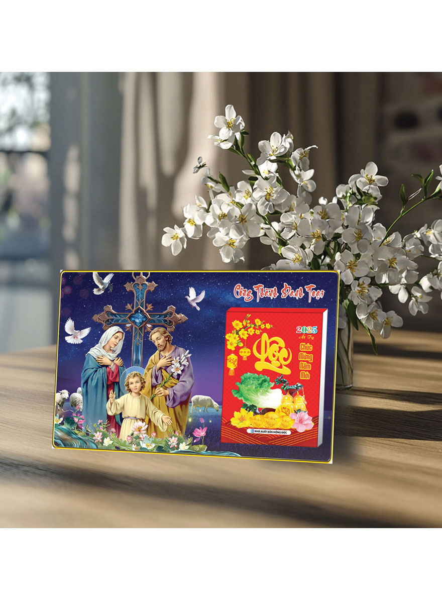 Lịch Để Bàn Ngang 2025 (20 x 30 cm) Viền Vàng Tráng Gương - Công Thành Danh Toại - Gắn Bloc 10.5 x 14.5 cm