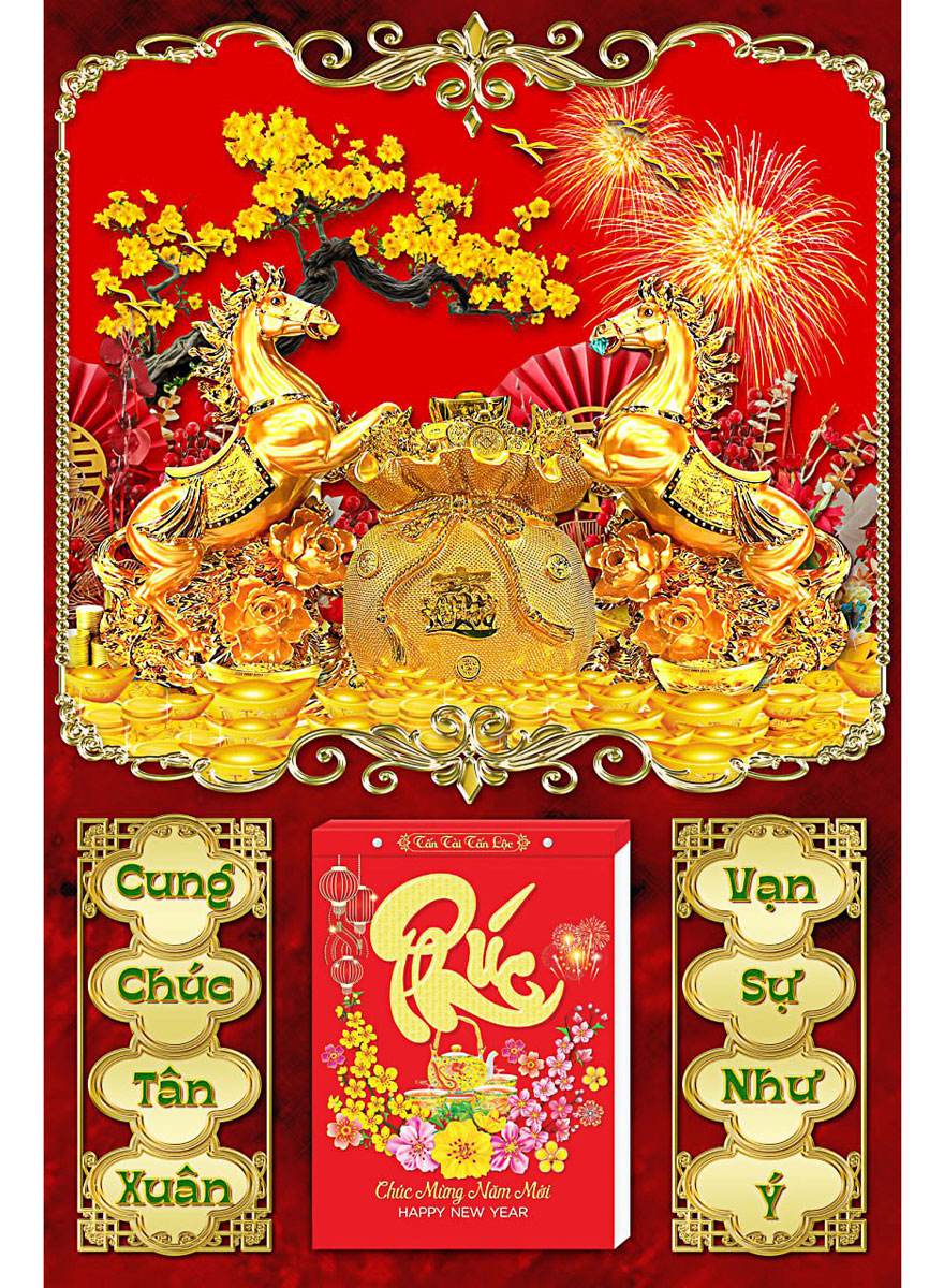 Lịch Ngựa Vàng Tài Lộc - Lịch Treo Tường Laminate Tráng Gương 2025 (40 X 60 Cm)