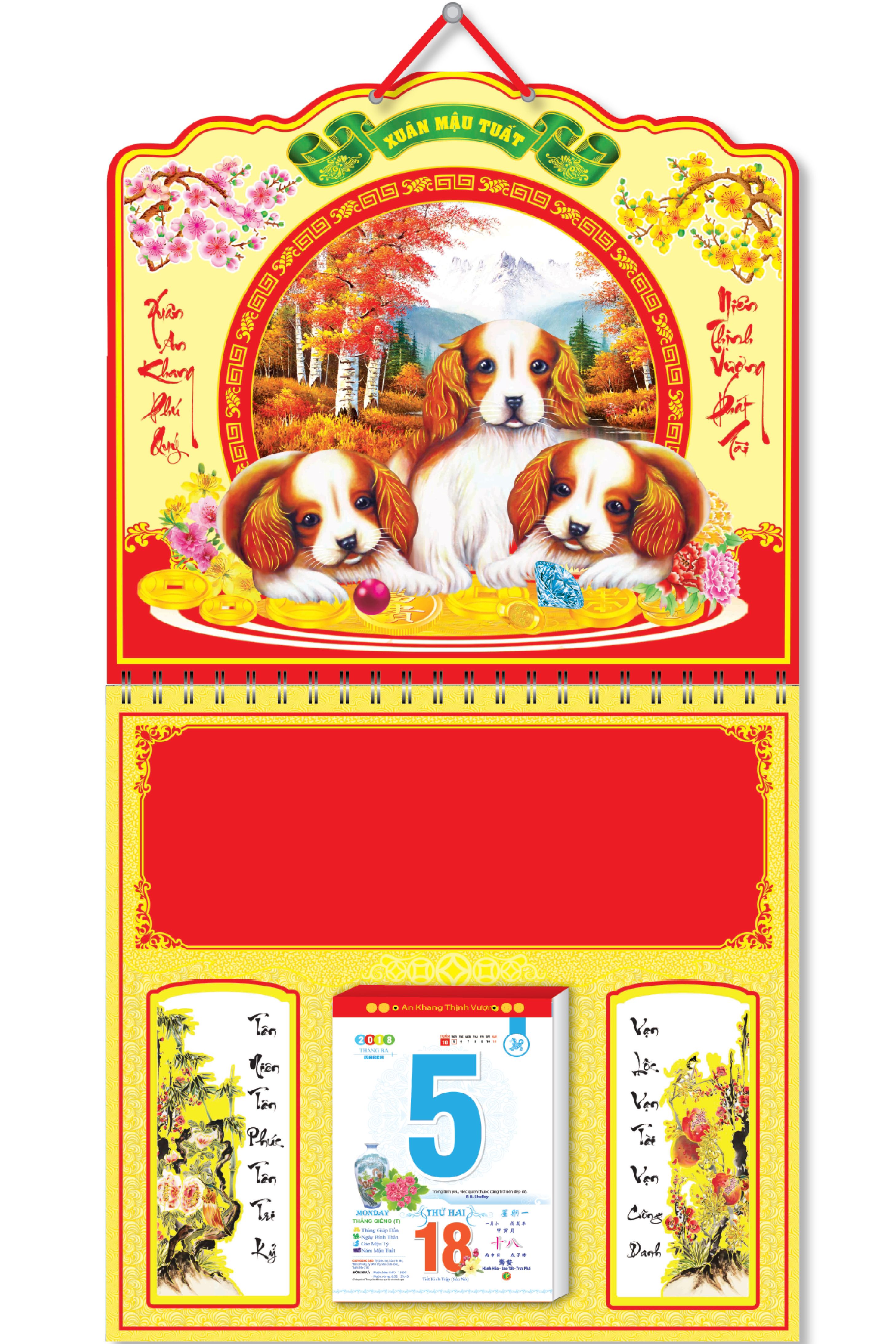 KV217 - Bìa Treo 2018 Lịch Lò Xo Giữa Bế Nổi (37 x 68 cm) - Chó Vui Vẻ