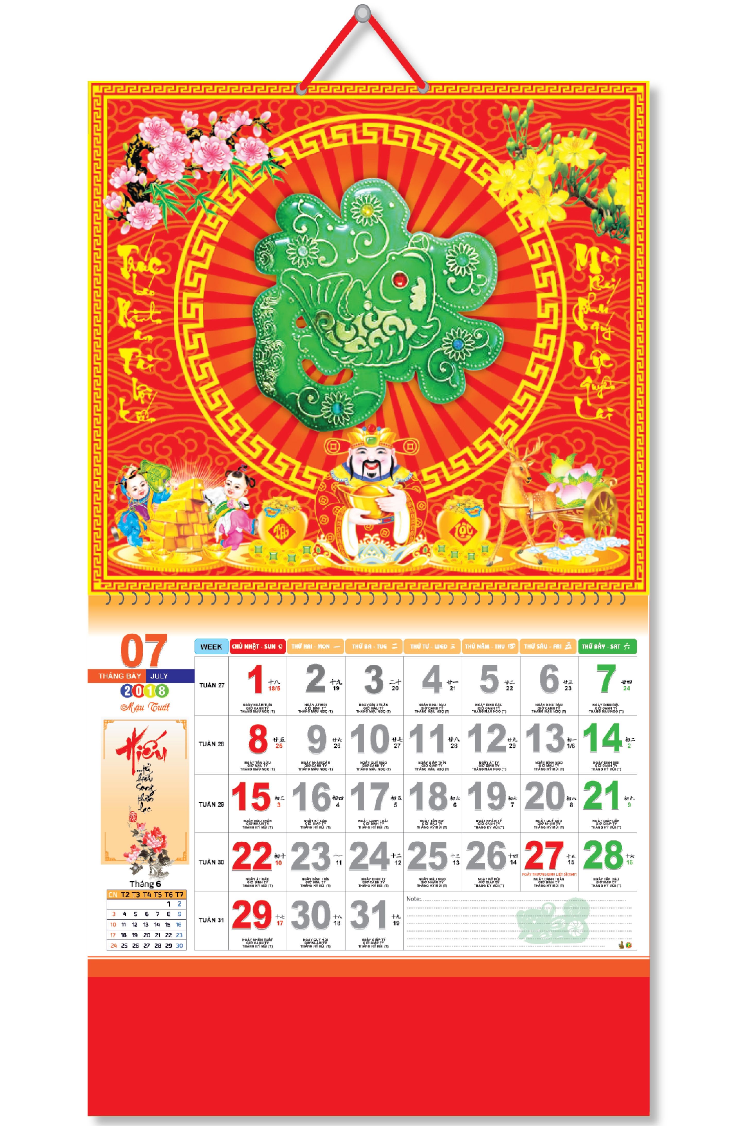 KV239 - Bìa Treo Lịch 2018 Lò Xo Giữa Gắn Bộ Số Dán Chữ Nổi (37 x 68 cm) - Thần tài, Dán Nổi Chữ Phước Cẩm Thạch