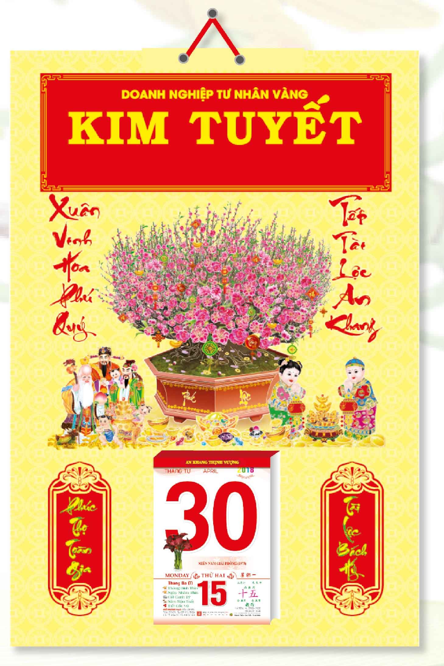 KV345 - Bìa Treo Lịch 2018 Đỏ Bế Nổi (40 x 60 cm) - Bế Nổi Chậu Đào